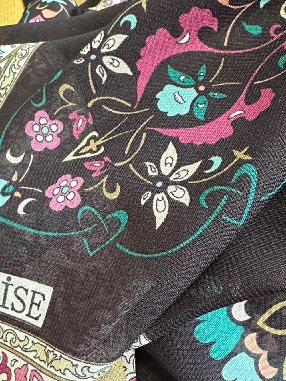 Eggplant Plum Scarf Floral Beige Border Teal Pink Lightweight Wrap by Alvise